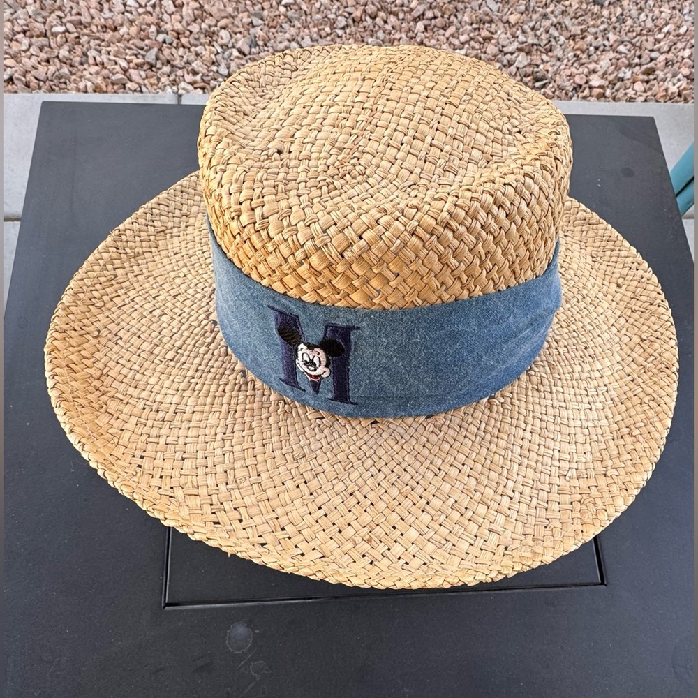 Vintage Disney World Mickey Embroidered Straw Panama Hat Size Medium (7) EUC
